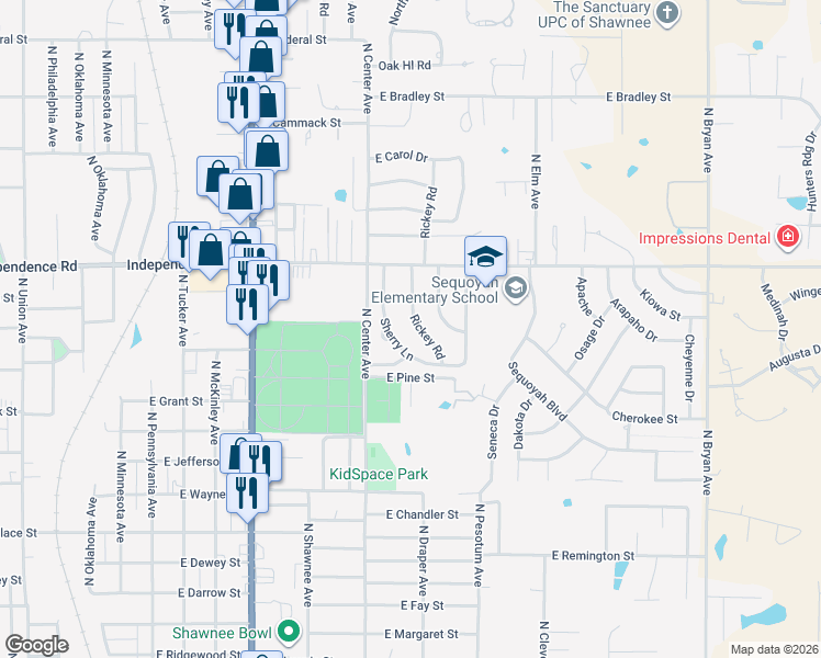 map of restaurants, bars, coffee shops, grocery stores, and more near 1301 Sherry Lane in Shawnee
