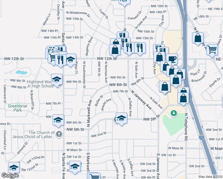 map of restaurants, bars, coffee shops, grocery stores, and more near 836 Butler Street in Moore