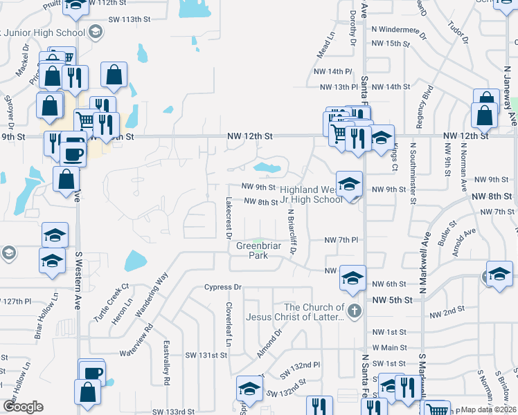 map of restaurants, bars, coffee shops, grocery stores, and more near 817 North Platt Circle in Moore