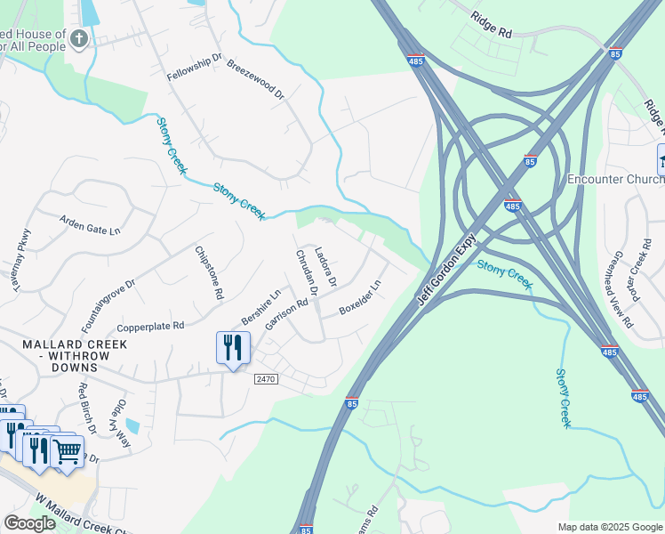 map of restaurants, bars, coffee shops, grocery stores, and more near 1403 Ladora Drive in Charlotte