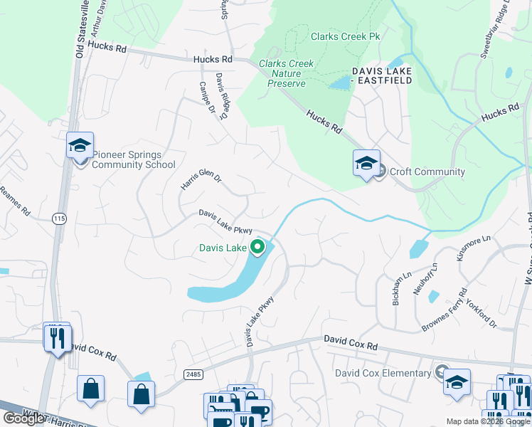 map of restaurants, bars, coffee shops, grocery stores, and more near 9227 Pebble Creek Way in Charlotte