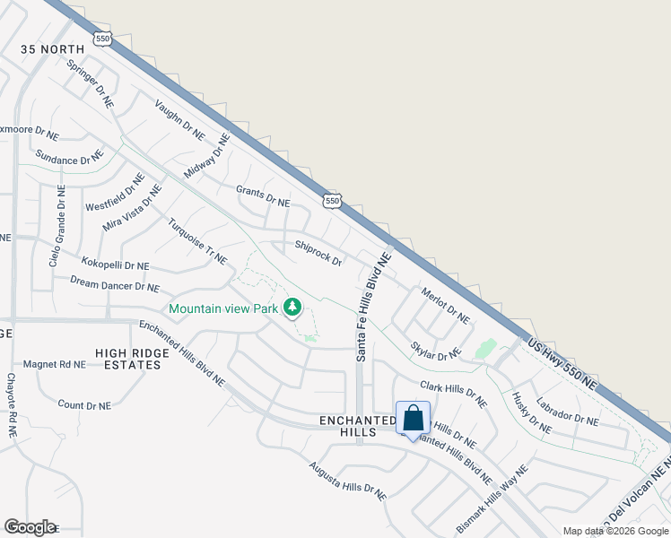 map of restaurants, bars, coffee shops, grocery stores, and more near 5105 Santa Fe Hills Boulevard Northeast in Rio Rancho