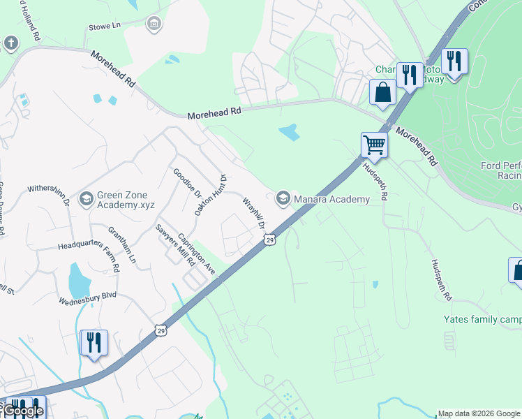 map of restaurants, bars, coffee shops, grocery stores, and more near 312 Wrayhill Drive in Charlotte