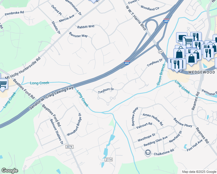 map of restaurants, bars, coffee shops, grocery stores, and more near 8827 Treyburn Drive in Charlotte