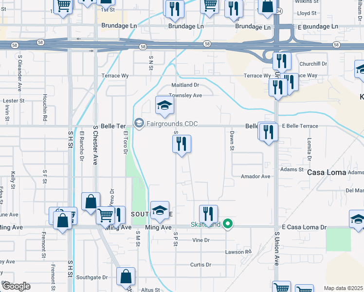 map of restaurants, bars, coffee shops, grocery stores, and more near 1142 South P Street in Bakersfield
