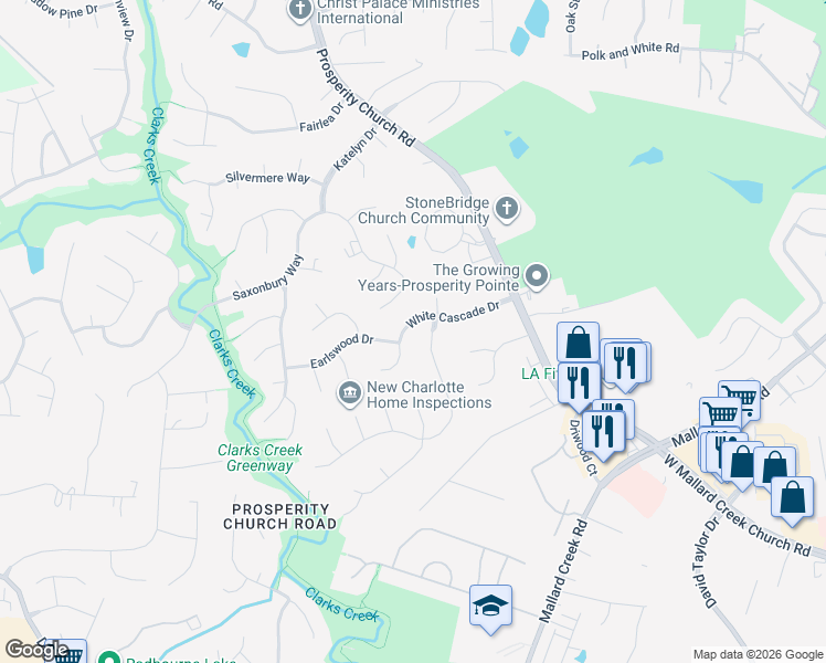 map of restaurants, bars, coffee shops, grocery stores, and more near 9939 White Cascade Drive in Charlotte