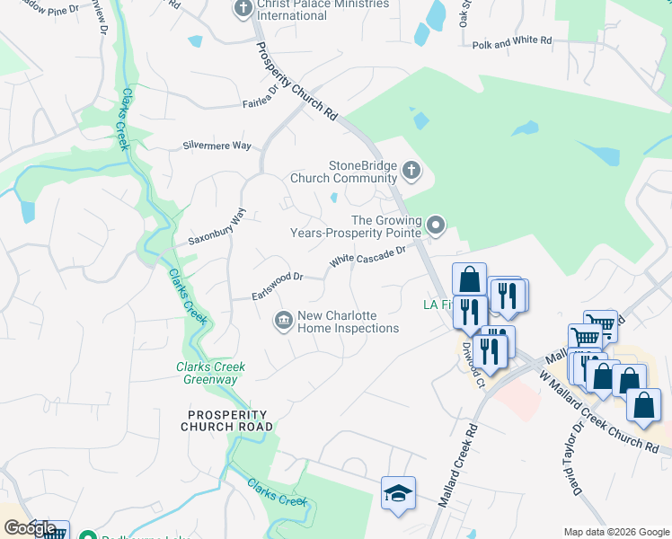 map of restaurants, bars, coffee shops, grocery stores, and more near 9939 White Cascade Drive in Charlotte