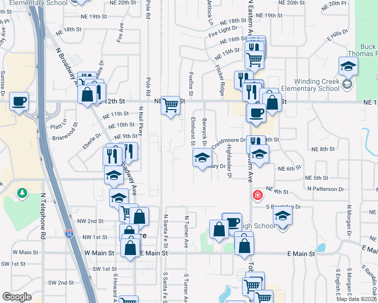 map of restaurants, bars, coffee shops, grocery stores, and more near 1117 Elmhurst Street in Moore
