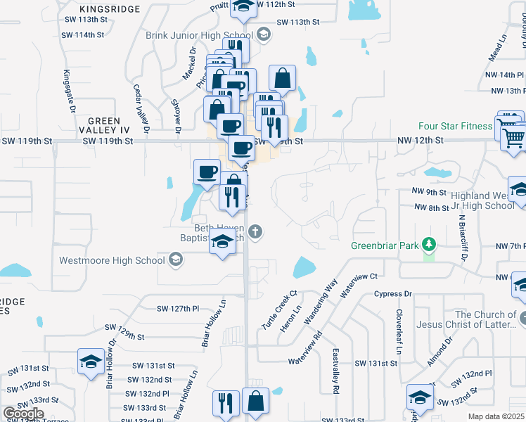 map of restaurants, bars, coffee shops, grocery stores, and more near 12218 Greenlea Chase West in Oklahoma City