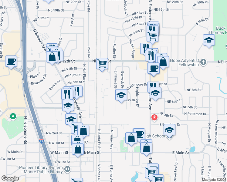 map of restaurants, bars, coffee shops, grocery stores, and more near 1117 Elmhurst Street in Moore