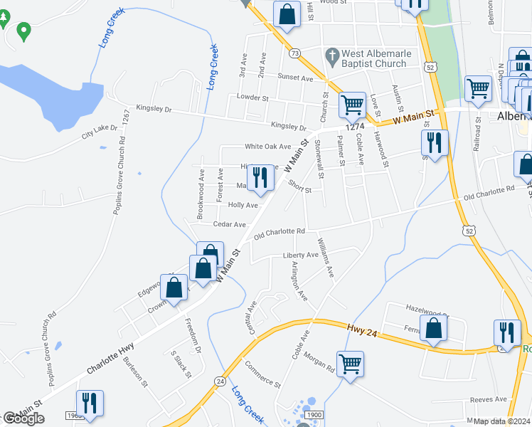 map of restaurants, bars, coffee shops, grocery stores, and more near 1807 West Main Street in Albemarle