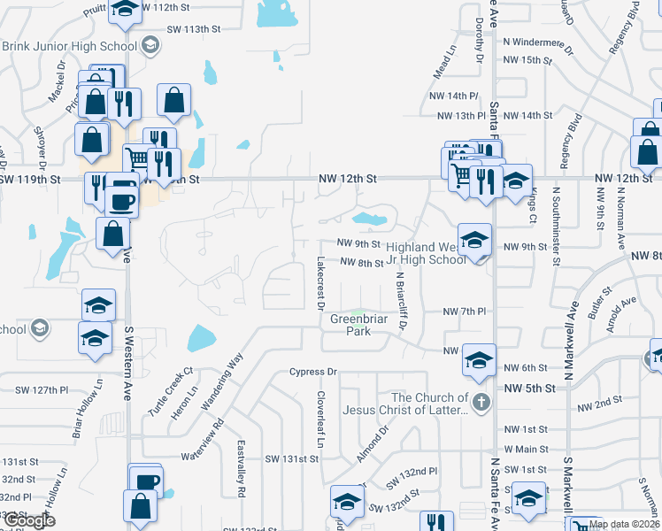 map of restaurants, bars, coffee shops, grocery stores, and more near 1340 Northwest 9th Street in Moore
