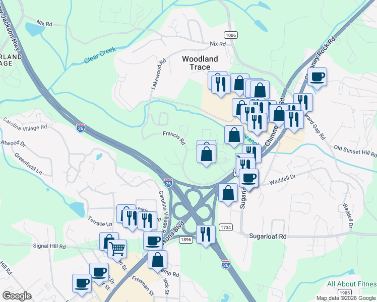 map of restaurants, bars, coffee shops, grocery stores, and more near 102 Francis Road in Hendersonville