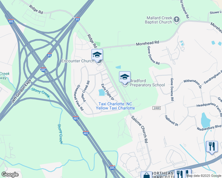 map of restaurants, bars, coffee shops, grocery stores, and more near 14320 Evening Flight Lane in Charlotte