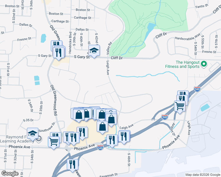 map of restaurants, bars, coffee shops, grocery stores, and more near 4501-4699 Cliff Drive in Fort Smith