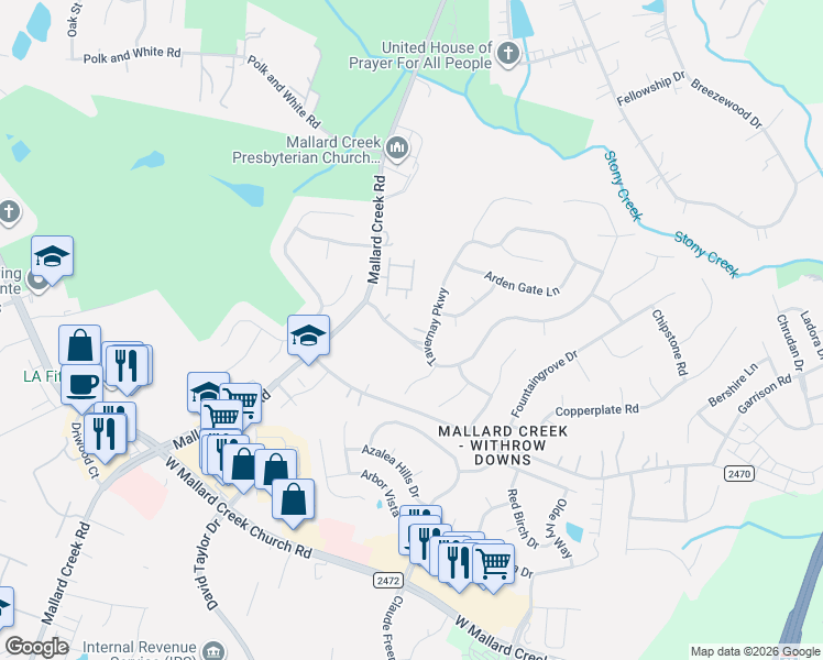 map of restaurants, bars, coffee shops, grocery stores, and more near 2512 Lexington Approach Drive in Charlotte