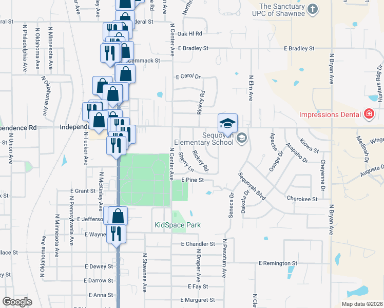 map of restaurants, bars, coffee shops, grocery stores, and more near 1408 Rickey Road in Shawnee