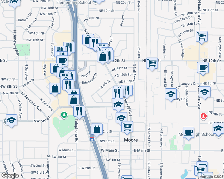 map of restaurants, bars, coffee shops, grocery stores, and more near 103 Thompson Drive in Moore