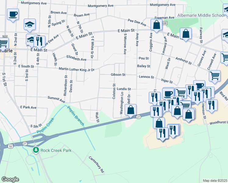 map of restaurants, bars, coffee shops, grocery stores, and more near Colston Street in Albemarle