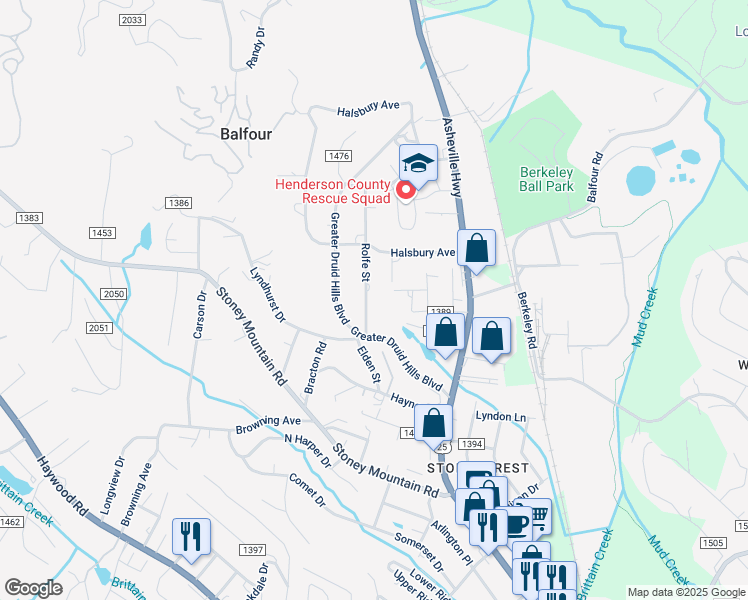map of restaurants, bars, coffee shops, grocery stores, and more near 398 Dundee Street in Hendersonville