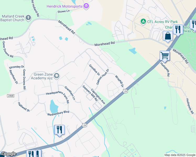 map of restaurants, bars, coffee shops, grocery stores, and more near 12515 Oakton Hunt Drive in Charlotte