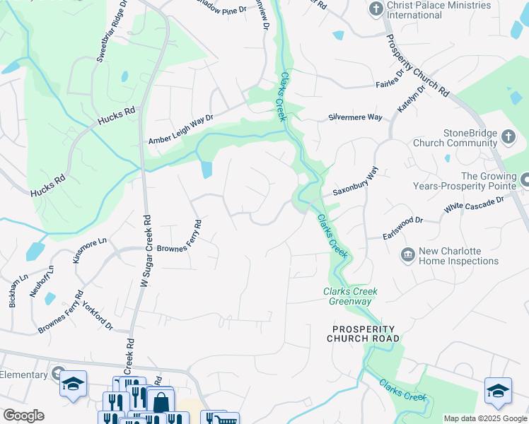 map of restaurants, bars, coffee shops, grocery stores, and more near 3434 Pasture View Court in Charlotte
