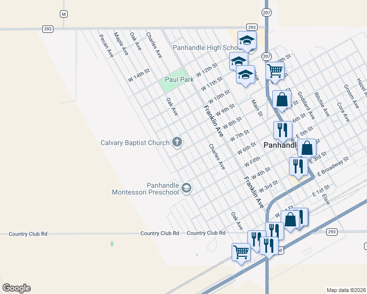 map of restaurants, bars, coffee shops, grocery stores, and more near Maple Avenue in Panhandle