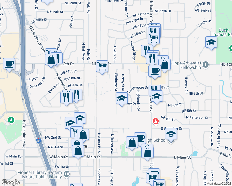 map of restaurants, bars, coffee shops, grocery stores, and more near 1117 Elmhurst Street in Moore