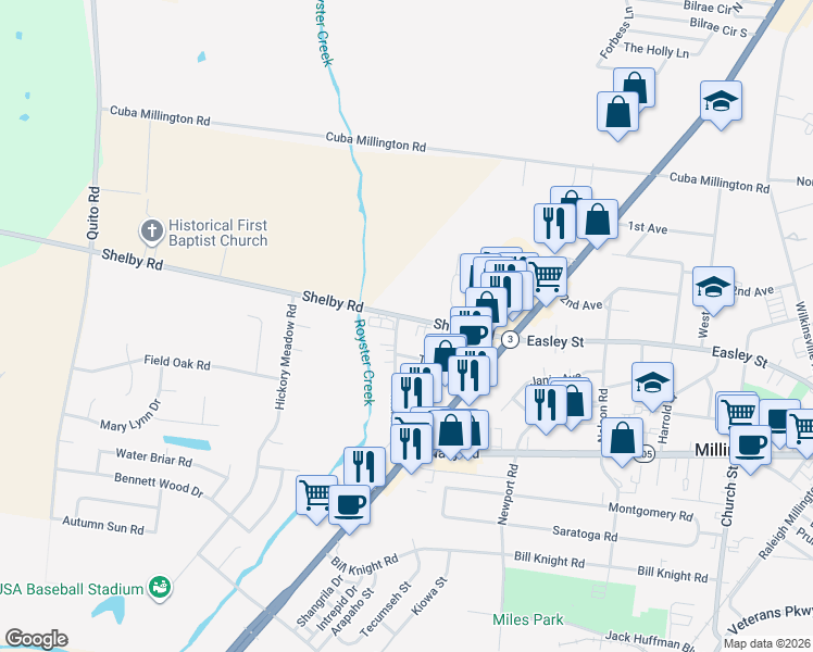 map of restaurants, bars, coffee shops, grocery stores, and more near 4591 Shelby Road in Millington