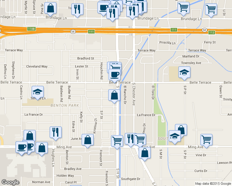 map of restaurants, bars, coffee shops, grocery stores, and more near 1706 Shamrock Way in Bakersfield