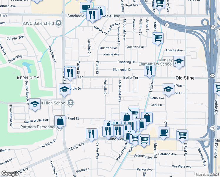 map of restaurants, bars, coffee shops, grocery stores, and more near 1000 Valhalla Drive in Bakersfield