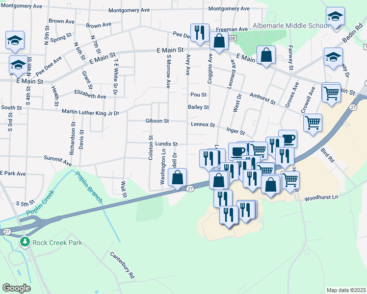 map of restaurants, bars, coffee shops, grocery stores, and more near 446 Arey Avenue in Albemarle