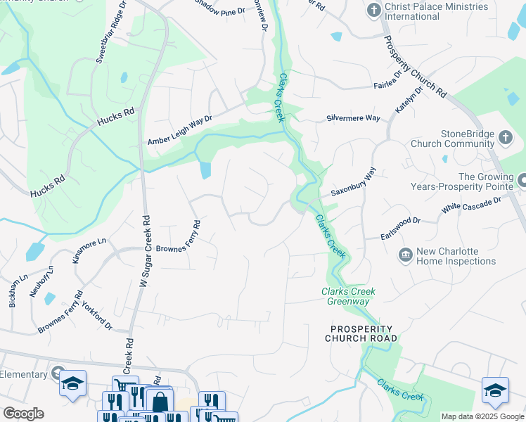 map of restaurants, bars, coffee shops, grocery stores, and more near 3434 Pasture View Court in Charlotte