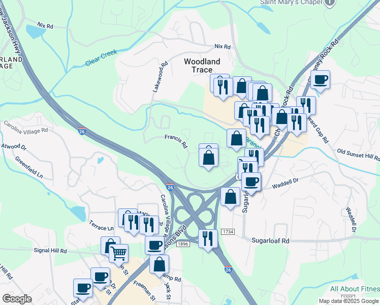 map of restaurants, bars, coffee shops, grocery stores, and more near 102 Francis Road in Hendersonville