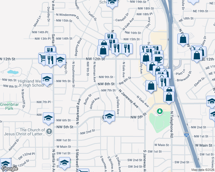 map of restaurants, bars, coffee shops, grocery stores, and more near 833 Northwest 8th Street in Moore