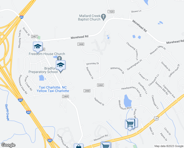 map of restaurants, bars, coffee shops, grocery stores, and more near 14533 Raynham Drive in Charlotte