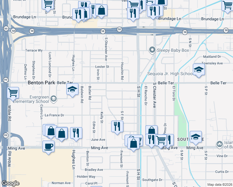 map of restaurants, bars, coffee shops, grocery stores, and more near 1807 Shamrock Way in Bakersfield