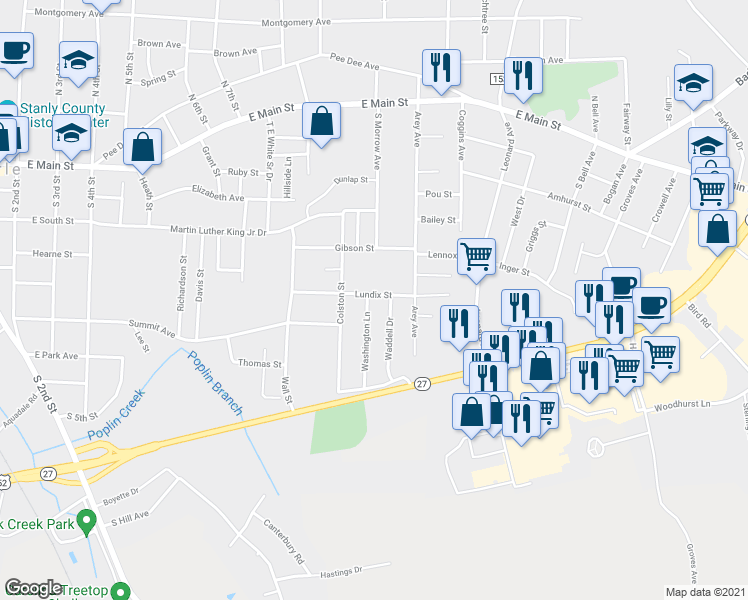 map of restaurants, bars, coffee shops, grocery stores, and more near 1100 Lundix Street in Albemarle