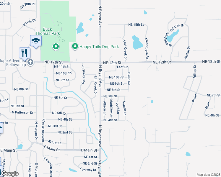 map of restaurants, bars, coffee shops, grocery stores, and more near 2117 Northeast 8th Street in Moore