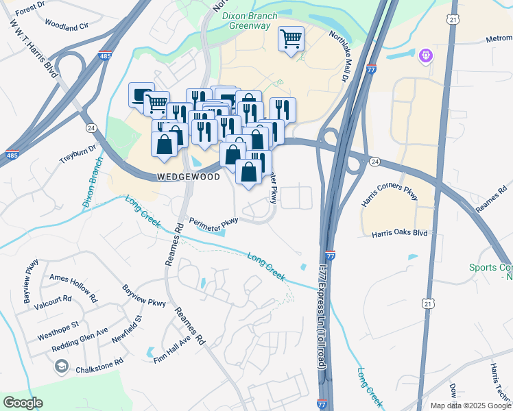 map of restaurants, bars, coffee shops, grocery stores, and more near 9828 Perimeter Station Drive in Charlotte