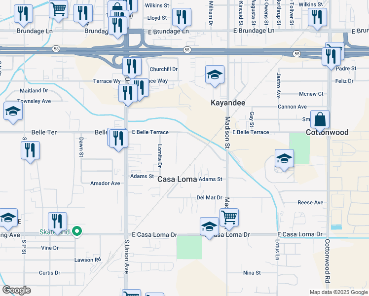 map of restaurants, bars, coffee shops, grocery stores, and more near 415 East Belle Terrace in Bakersfield