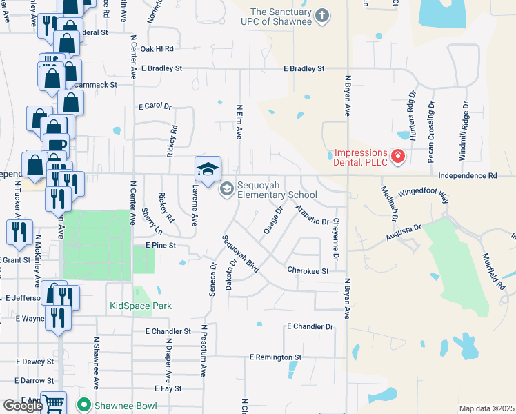 map of restaurants, bars, coffee shops, grocery stores, and more near 5 Navajo Circle in Shawnee