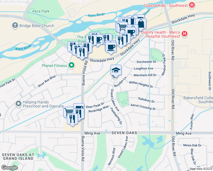 map of restaurants, bars, coffee shops, grocery stores, and more near 1001 Sungro Way in Bakersfield