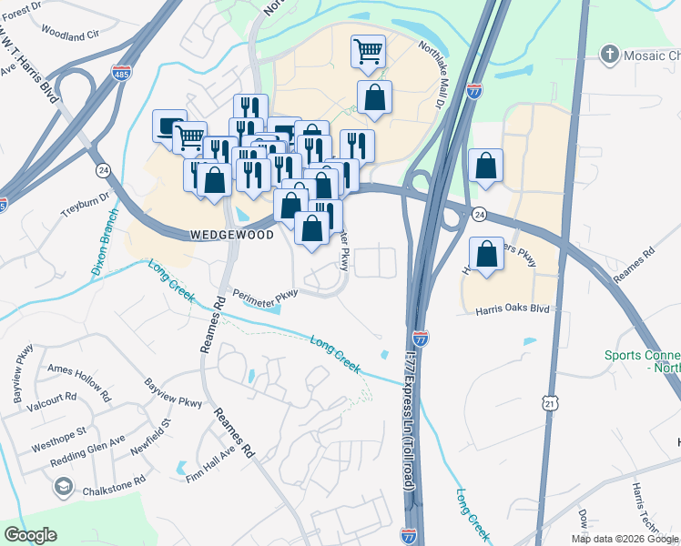 map of restaurants, bars, coffee shops, grocery stores, and more near 8524 Perimeter Station Drive in Charlotte