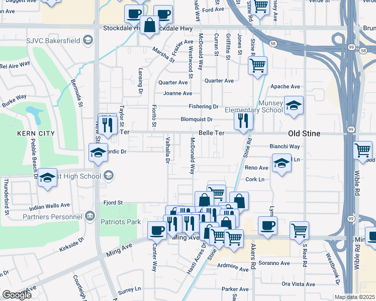 map of restaurants, bars, coffee shops, grocery stores, and more near 1001 McDonald Way in Bakersfield