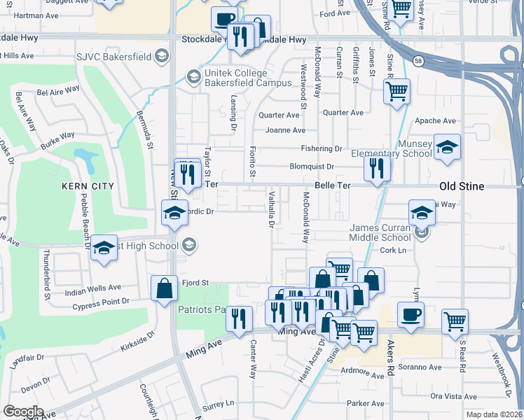 map of restaurants, bars, coffee shops, grocery stores, and more near 1000 Valhalla Drive in Bakersfield