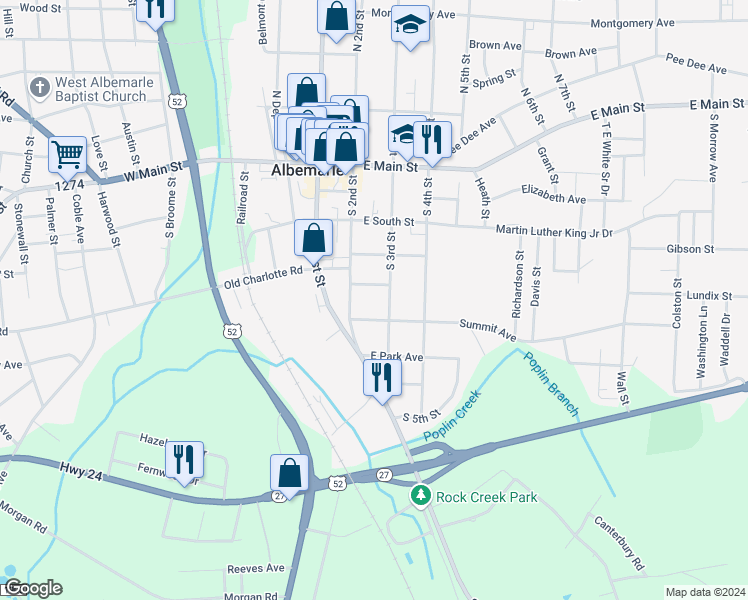 map of restaurants, bars, coffee shops, grocery stores, and more near 503 South 2nd Street in Albemarle