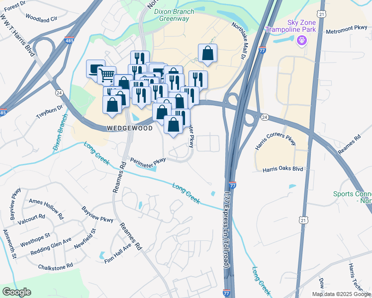 map of restaurants, bars, coffee shops, grocery stores, and more near 9828 Perimeter Station Drive in Charlotte