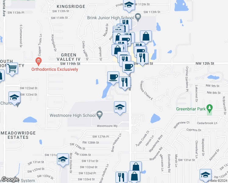 map of restaurants, bars, coffee shops, grocery stores, and more near 12205 South Western Avenue in Oklahoma City