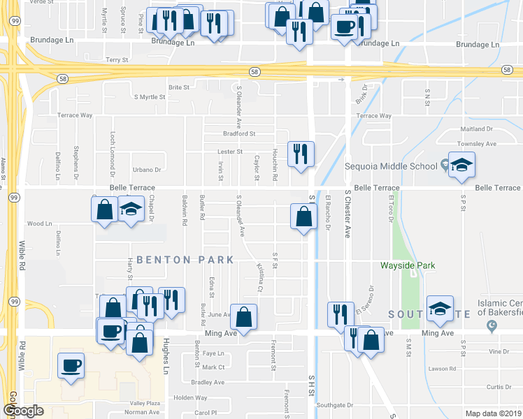 map of restaurants, bars, coffee shops, grocery stores, and more near 1807 Shamrock Way in Bakersfield